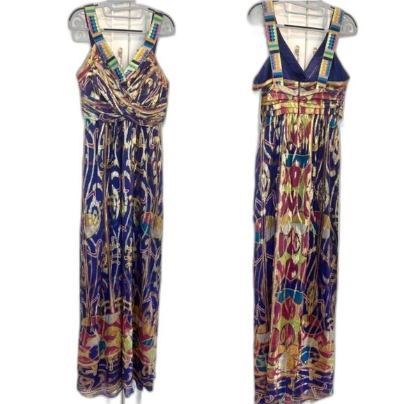 Nicole Miller Silk Sheer Metallic Aztec Cleopatra Multicolor Goddess Maxi Size 6 - Picture 1 of 14
